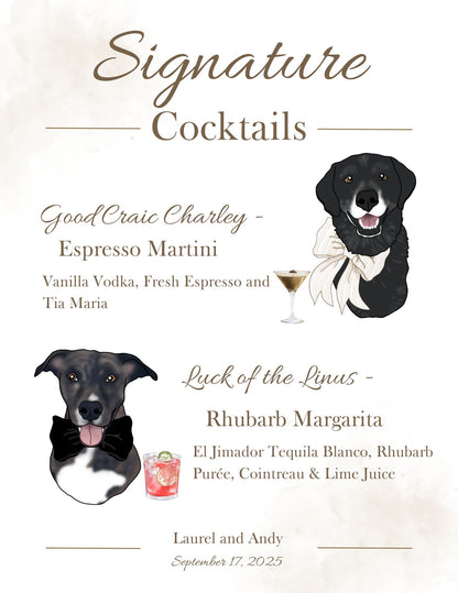 Custom Pet Cocktail Menu | Hand-Drawn Pet Portrait Bar Sign for Weddings & Events