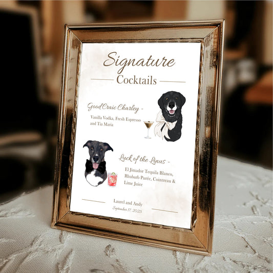 Custom Pet Cocktail Menu | Hand-Drawn Pet Portrait Bar Sign for Weddings & Events