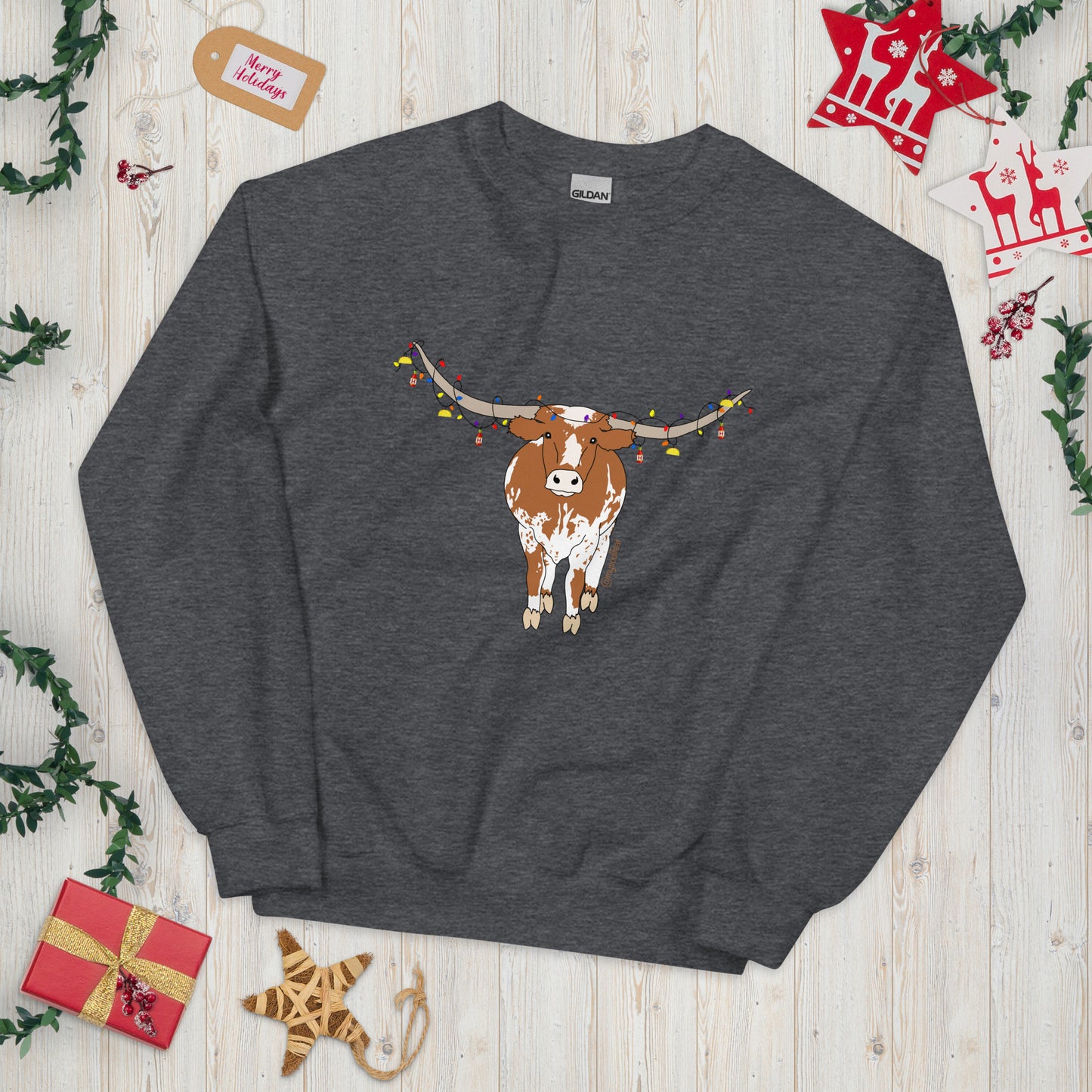 Hooked on Holiday Lights - Longhorn and Ornaments (Unisex Sweatshirt)