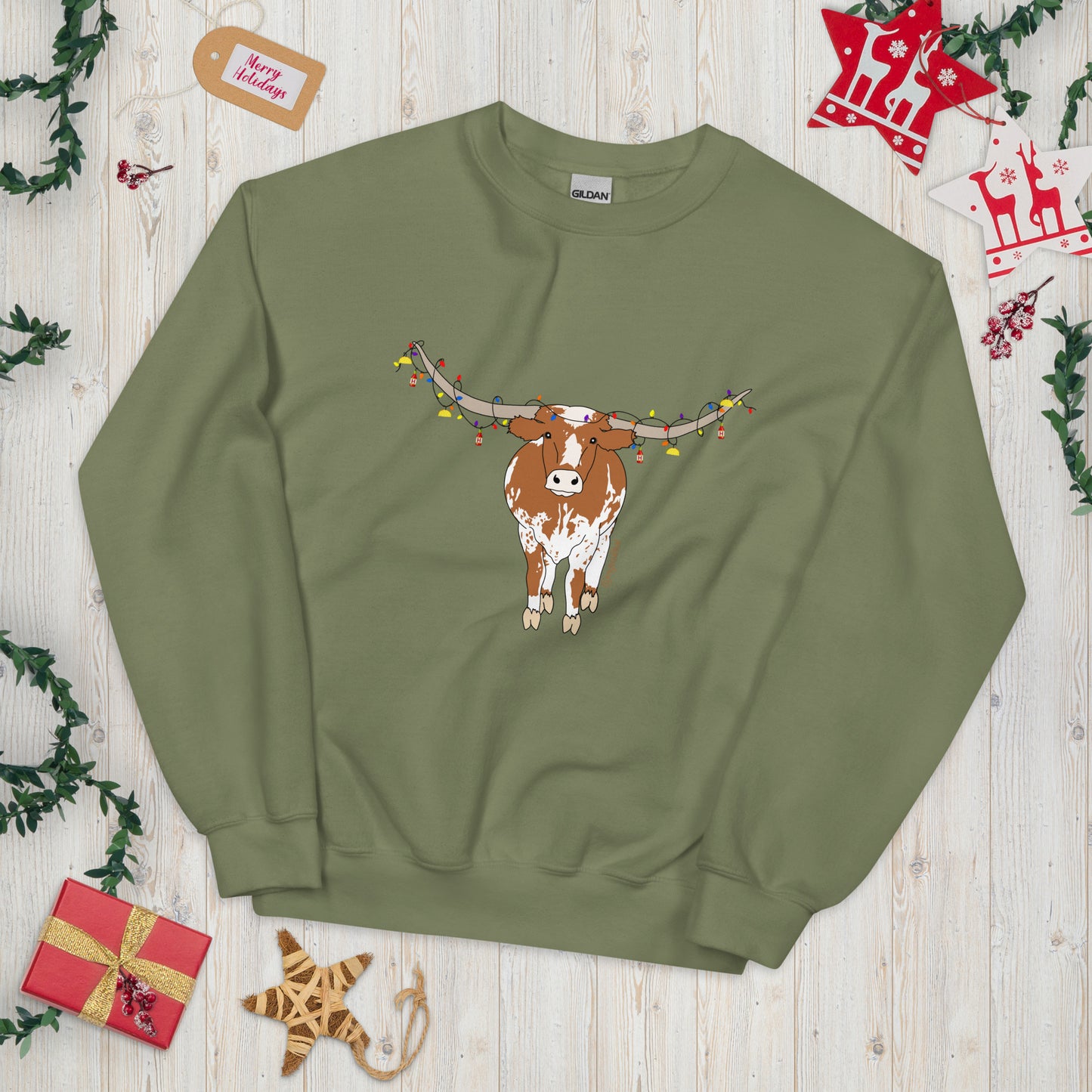 Hooked on Holiday Lights - Longhorn and Ornaments (Unisex Sweatshirt)