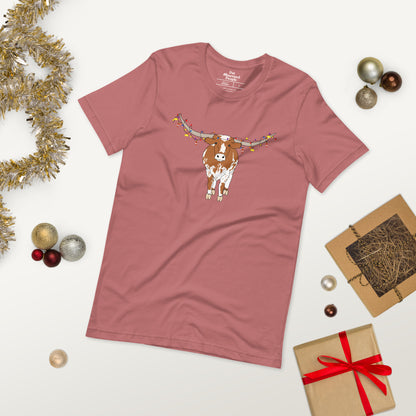 Hooked on Holiday Lights - Longhorn and Ornaments (Unisex Jersey Short Sleeve Tee Shirt)