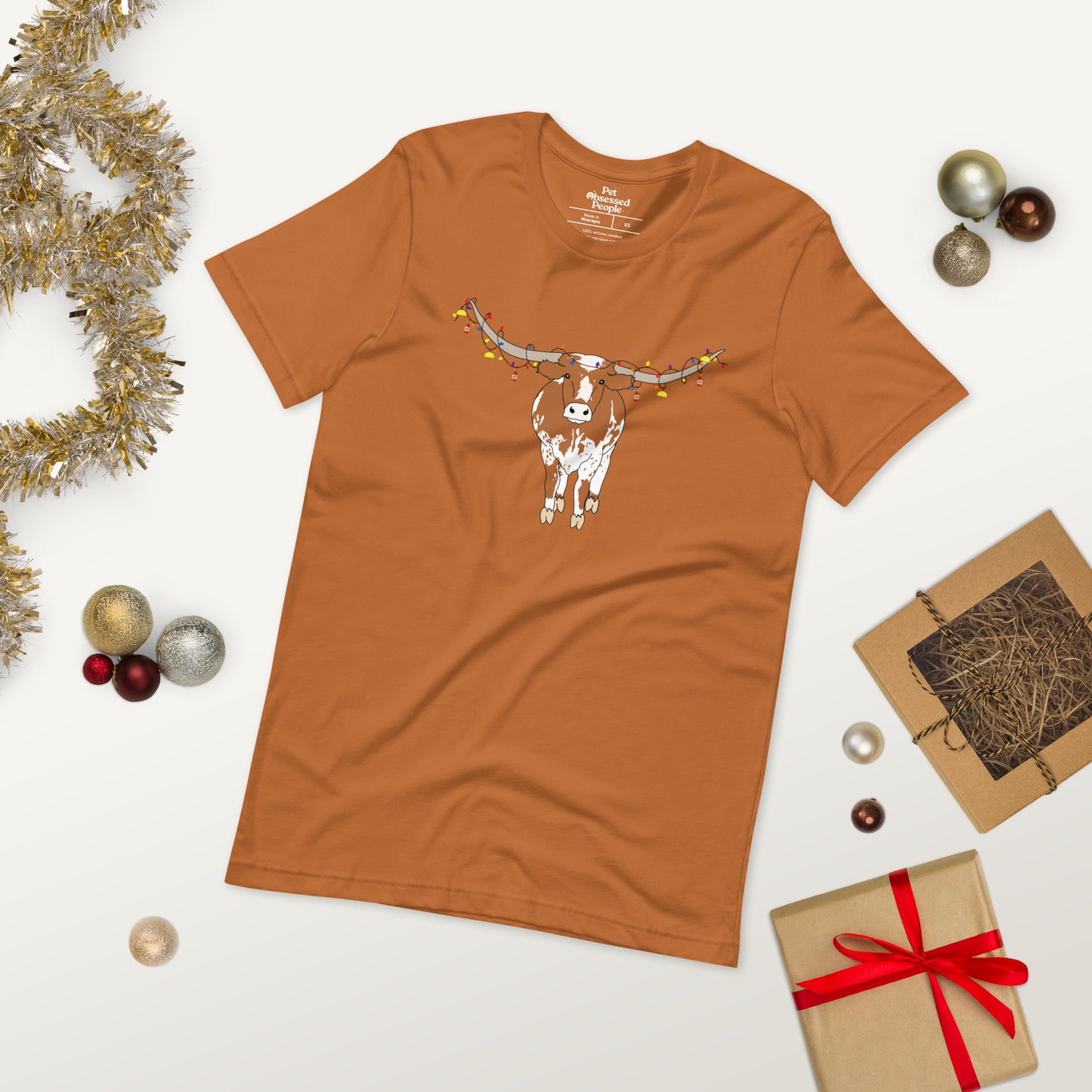 Hooked on Holiday Lights - Longhorn and Ornaments (Unisex Jersey Short Sleeve Tee Shirt)